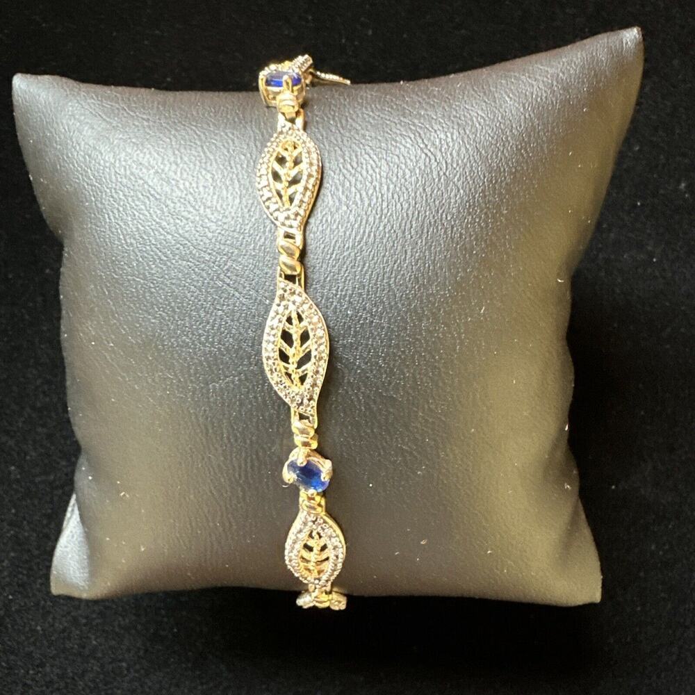 SIGNED DL Gold Plated Sterling 925 Filigree Sapphire Blue Crystals 7.5” Bracelet